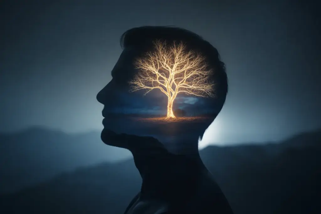 An illustration of a silhouette with a glowing tree inside, symbolizing the growth of mental strength through daily mindset rituals.