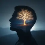An illustration of a silhouette with a glowing tree inside, symbolizing the growth of mental strength through daily mindset rituals.