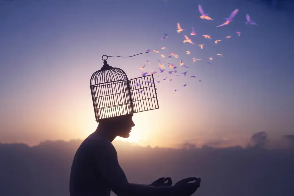 An illustration symbolizing how to free your mind, showing a person's head as an open cage from which birds fly, representing mental freedom and letting go of limiting beliefs.