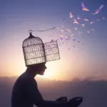 An illustration symbolizing how to free your mind, showing a person's head as an open cage from which birds fly, representing mental freedom and letting go of limiting beliefs.