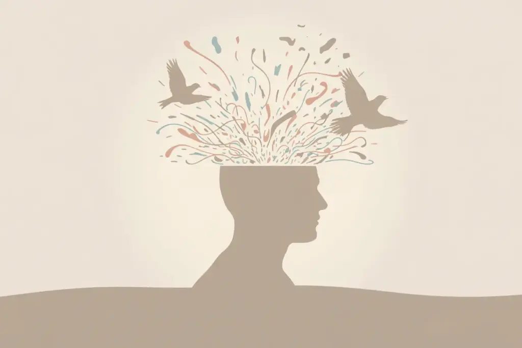 Illustration of a silhouette head opening up to release a colorful burst of shapes and a bird, symbolizing how to free your mind and achieve mental clarity.