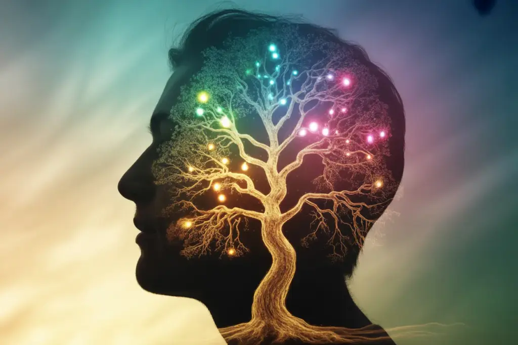 An artistic depiction of beautiful words for growth, showing a vibrant tree flourishing from a person's mind, symbolizing personal development and transformation.