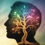 An artistic depiction of beautiful words for growth, showing a vibrant tree flourishing from a person's mind, symbolizing personal development and transformation.