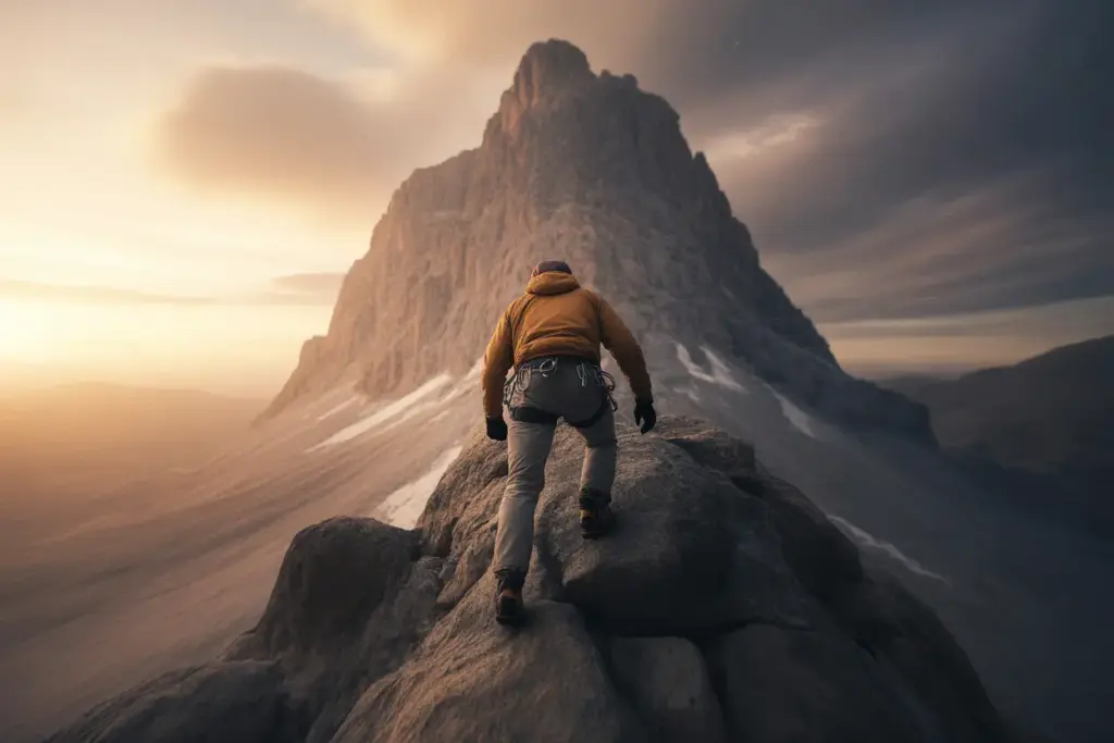 An illustration of a climber scaling a mountain, representing the 4 C's of mental toughness: Confidence, Challenge, Control, and Commitment.